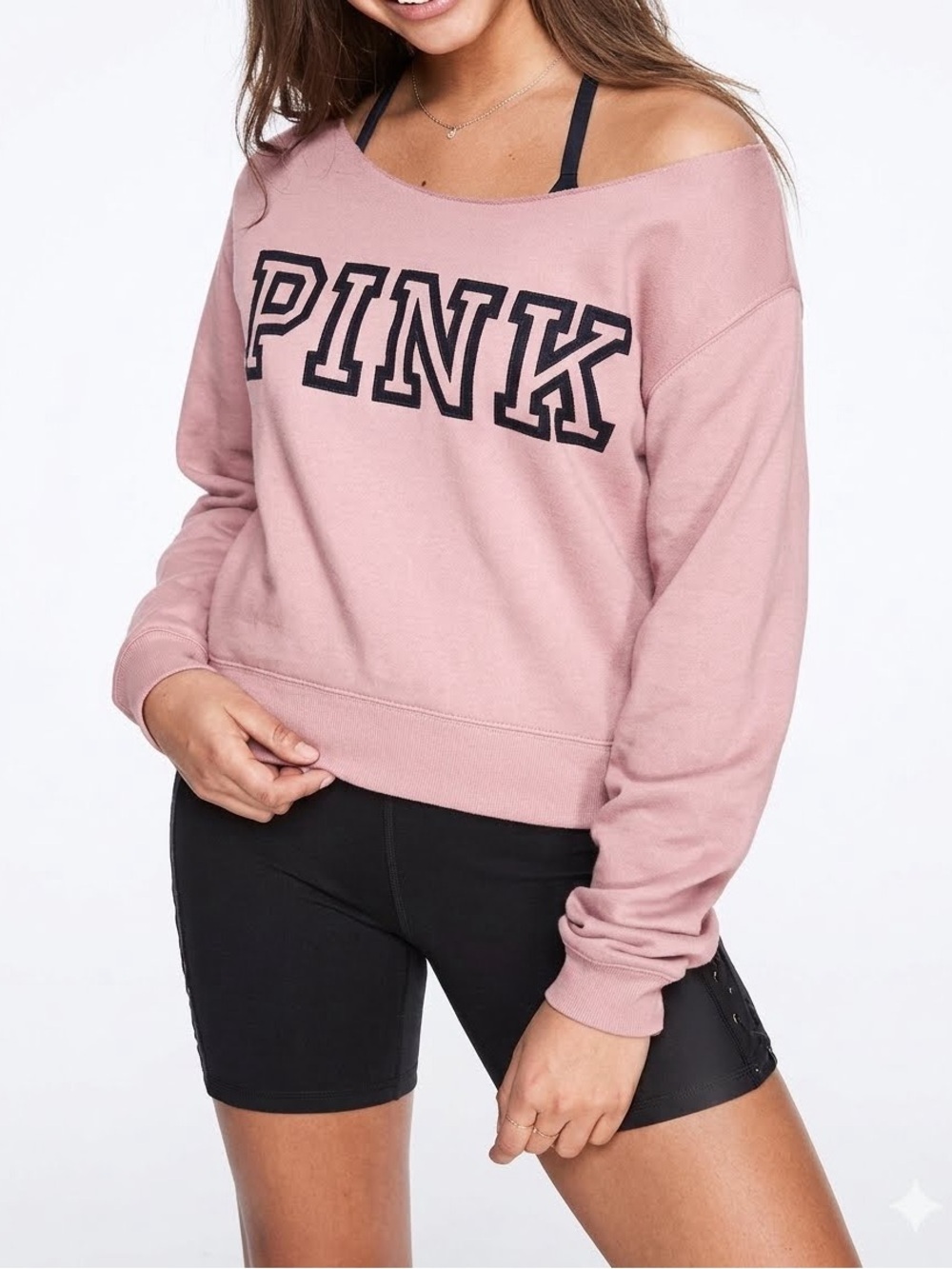VS PINK Everyday Lounge Off-Shoulder Sweatshirt in Blush Pink Size Large